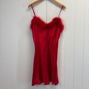 Vintage Dentelle Womens 80s Satin Faux Fur Trim Slip Dress Size M Red Sexy Fairy